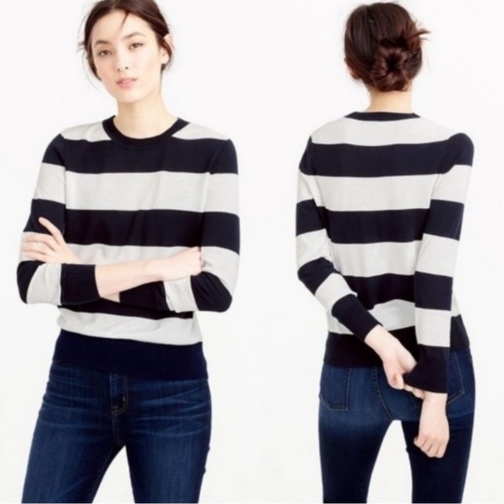 J.Crew Summerweight Striped Sweater Navy/White Cotton Crewneck Long Sleeve xs